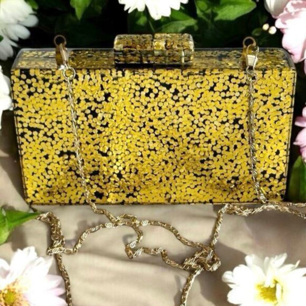 As Seen in Younger Gold Glitter Acrylic Box Clutch Purse Bag Long Chain Strap
